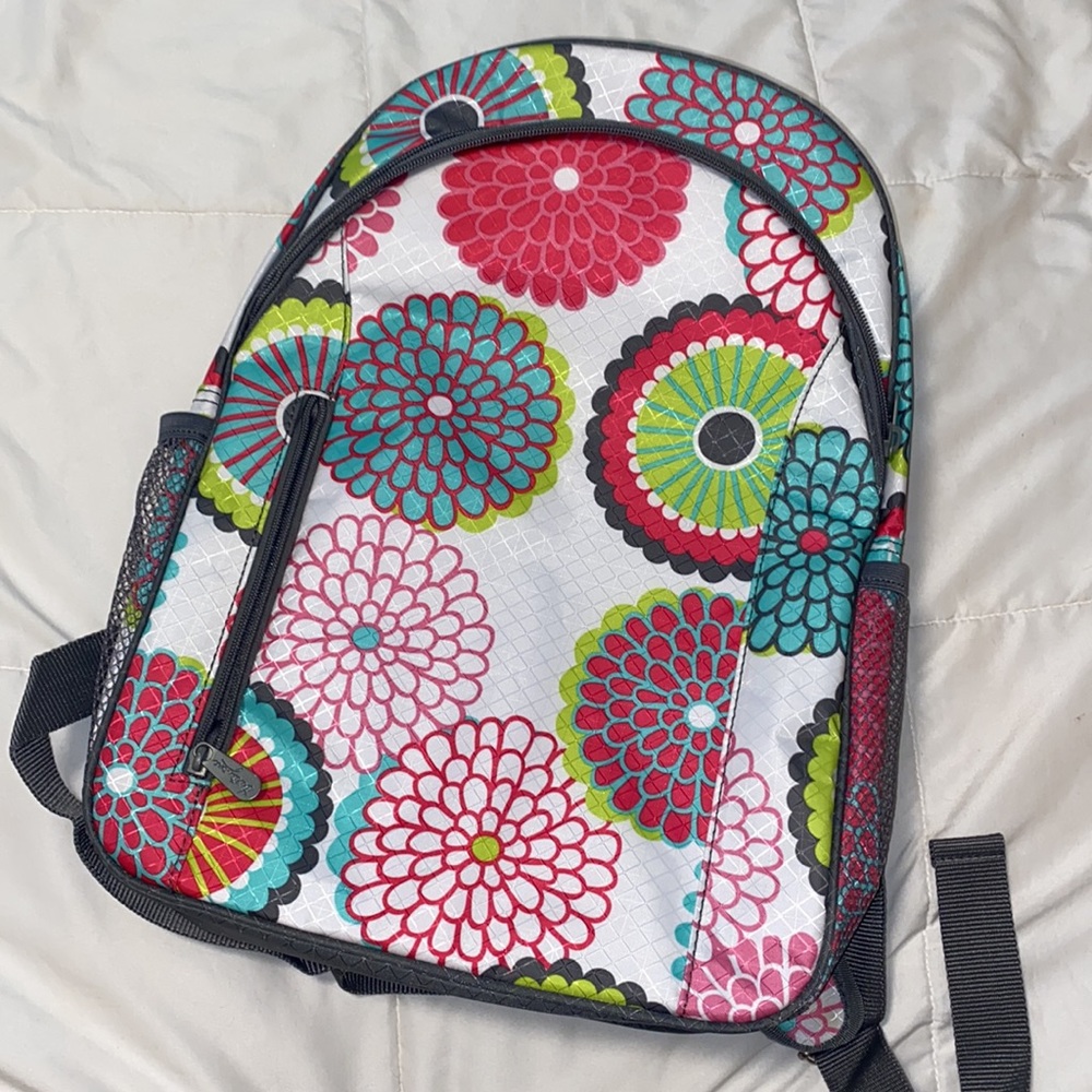 thirty-one Floral Pattern White Backpack with Pink, Teal, Lime, and Gray Accents
